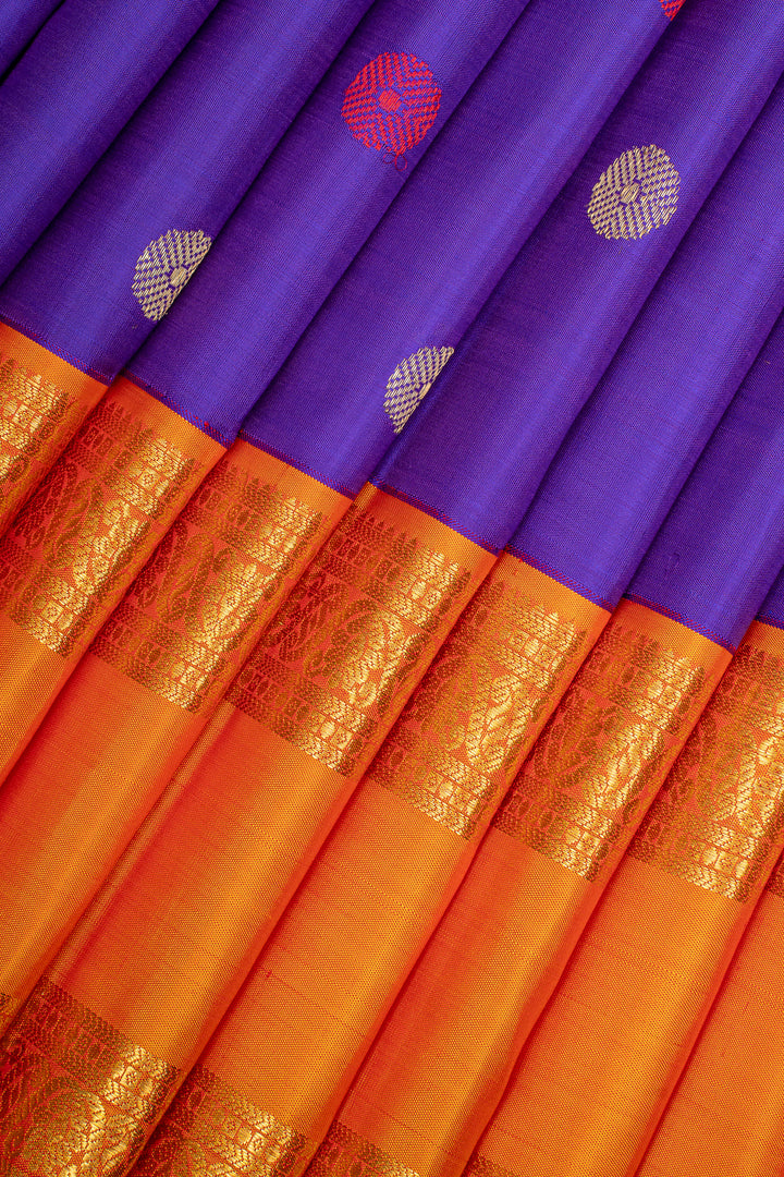Purple &amp; Rust Orange Thread Buttis Pure Kanchipuram Silk Saree