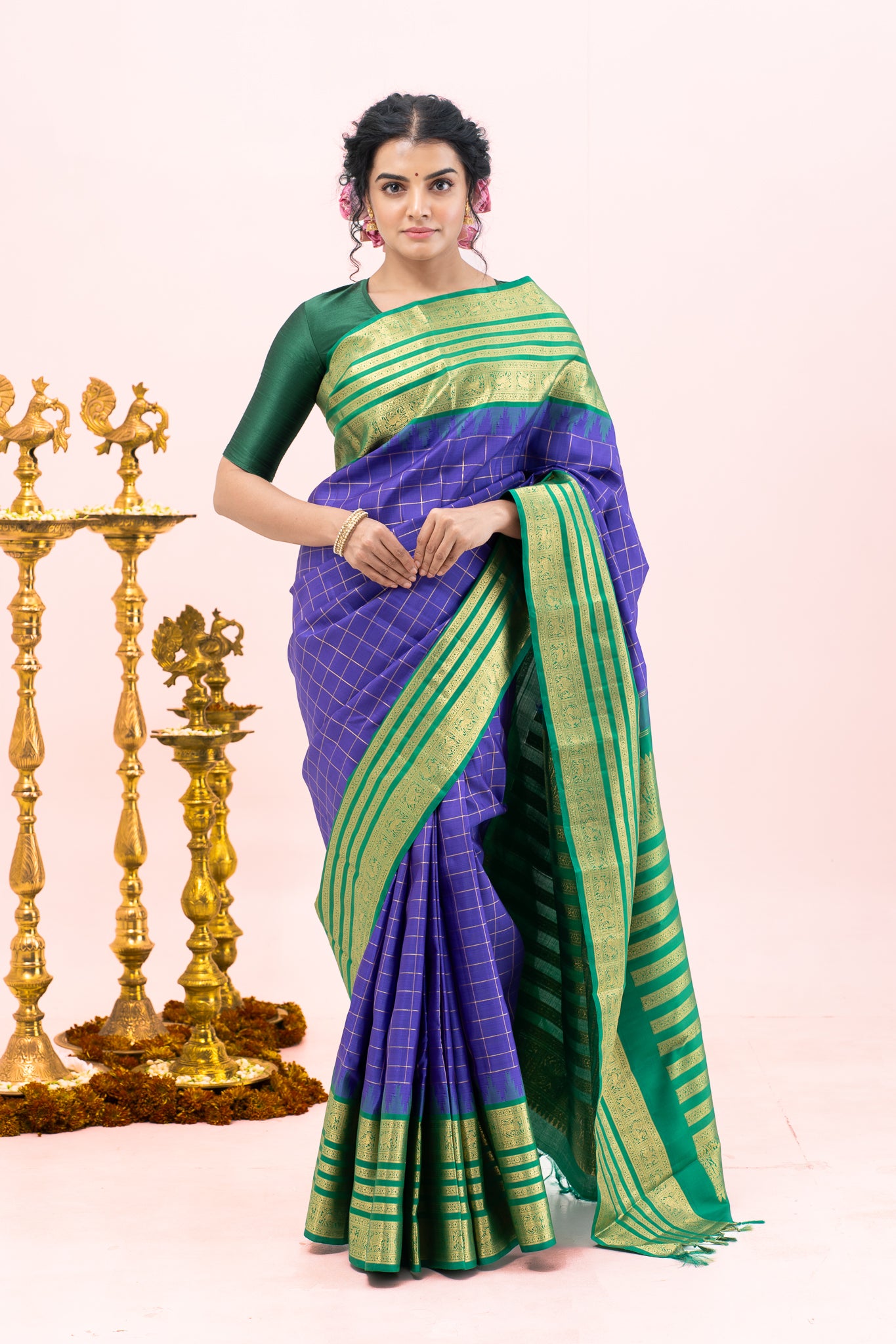 Indigo Blue and Green Traditional Pure Zari Kanchipuram Silk Saree