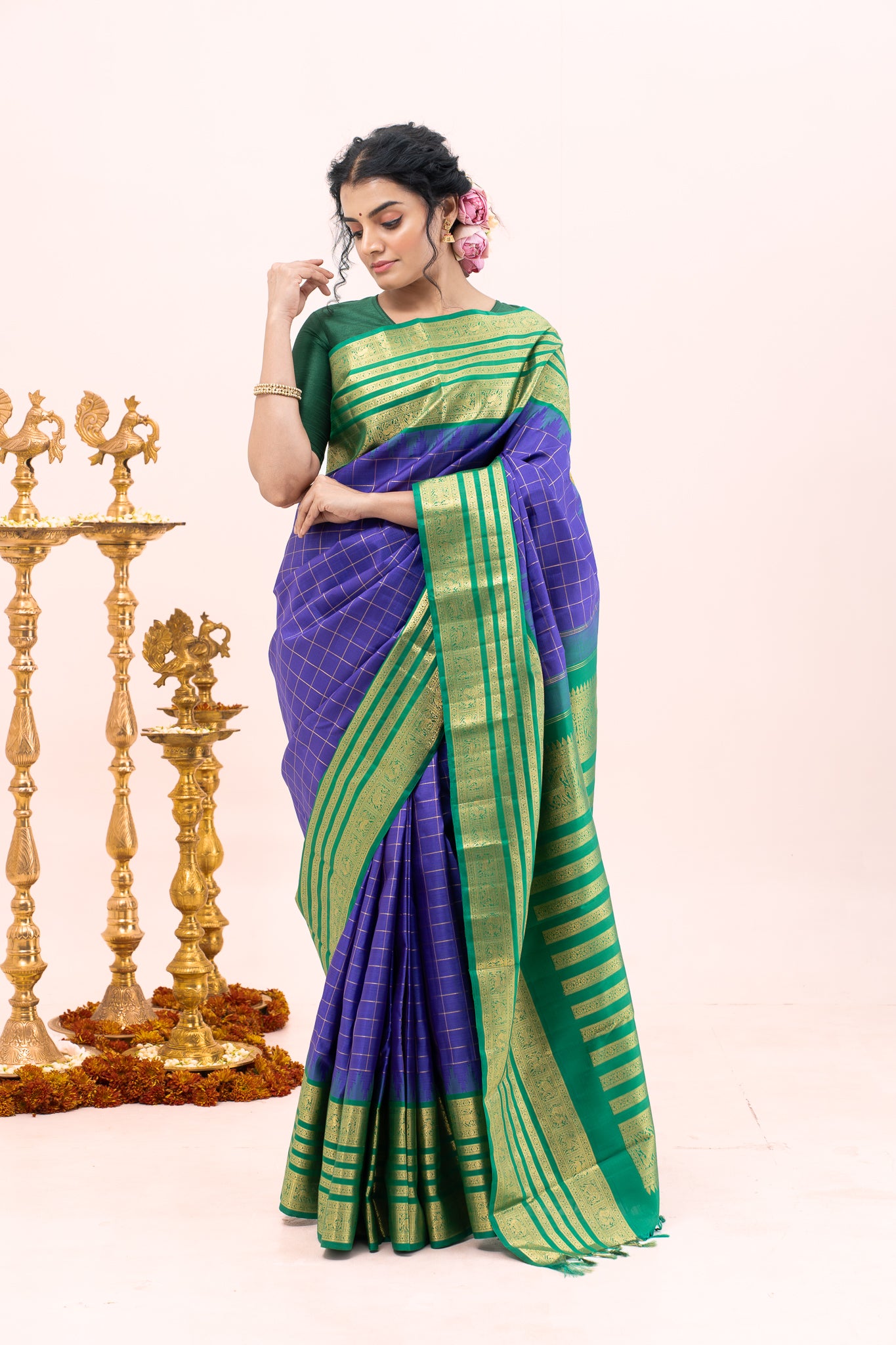 Indigo Blue and Green Traditional Pure Zari Kanchipuram Silk Saree