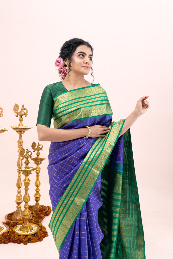 Indigo Blue and Green Traditional Pure Zari Kanchipuram Silk Saree