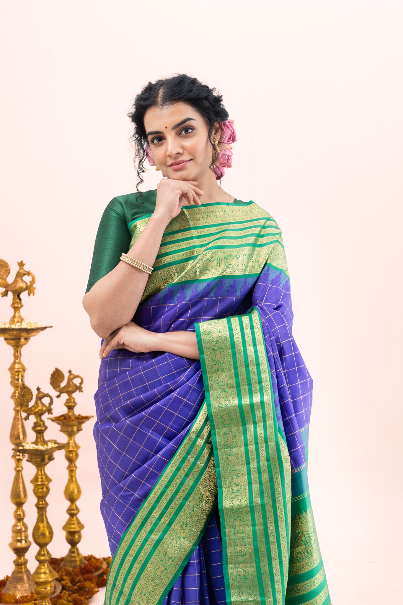 Indigo Blue and Green Traditional Pure Zari Kanchipuram Silk Saree