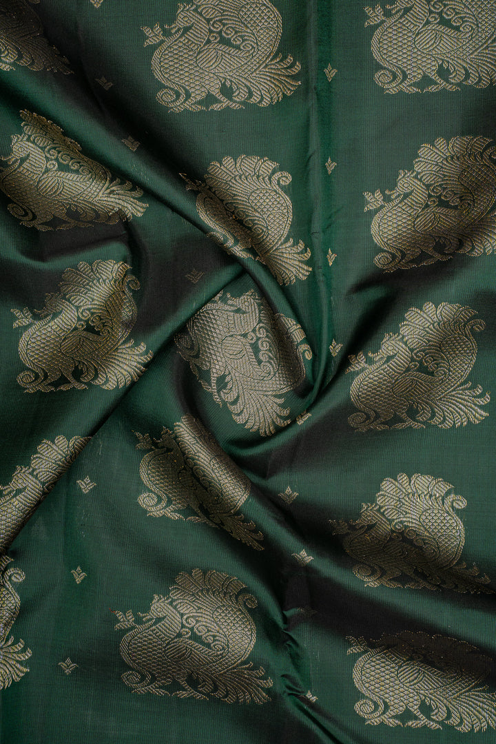 Bottle Green Peacock Zari Pure Kanchipuram Silk Saree