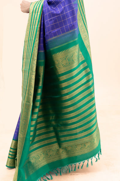 Indigo Blue and Green Traditional Pure Zari Kanchipuram Silk Saree