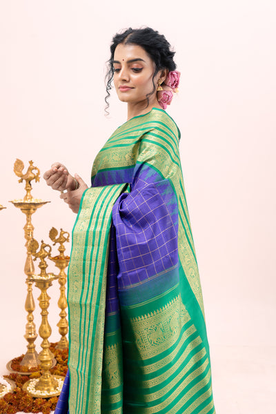 Indigo Blue and Green Traditional Pure Zari Kanchipuram Silk Saree