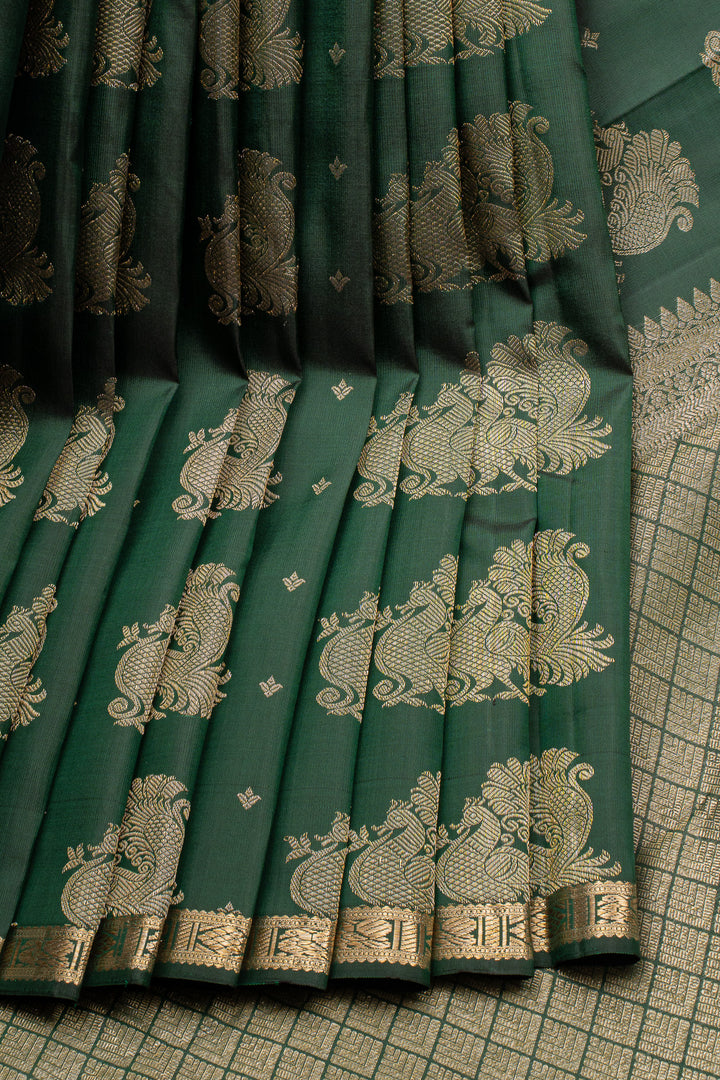 Bottle Green Peacock Zari Pure Kanchipuram Silk Saree