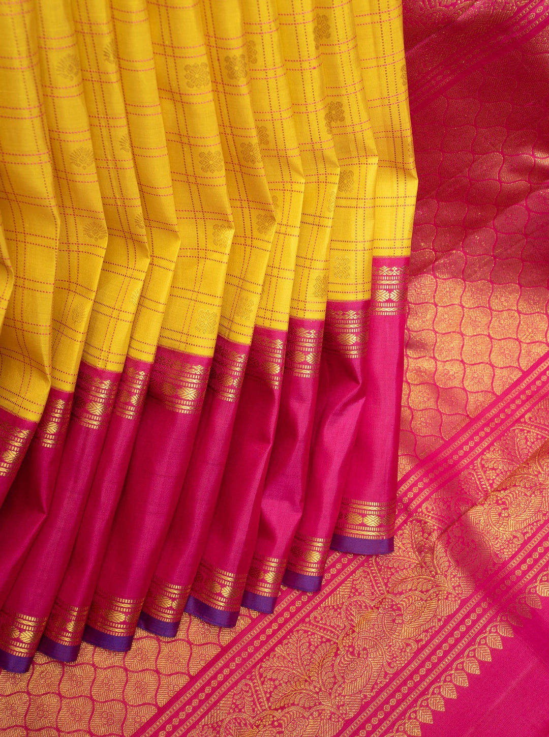 Yellow and Magenta Muthukattam Pure Kanchipuram Silk Saree - Clio Silks