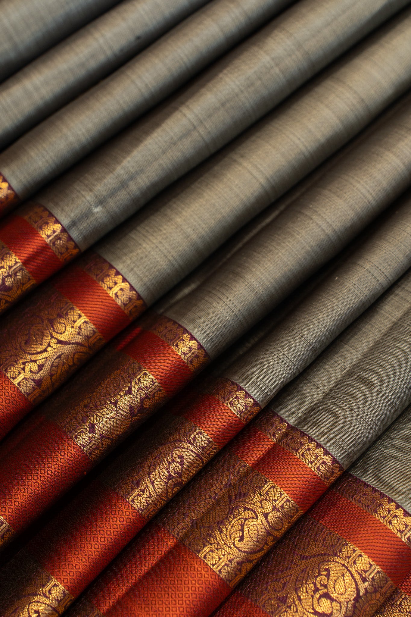 Grey and rust orange pure Kanchipuram silk saree