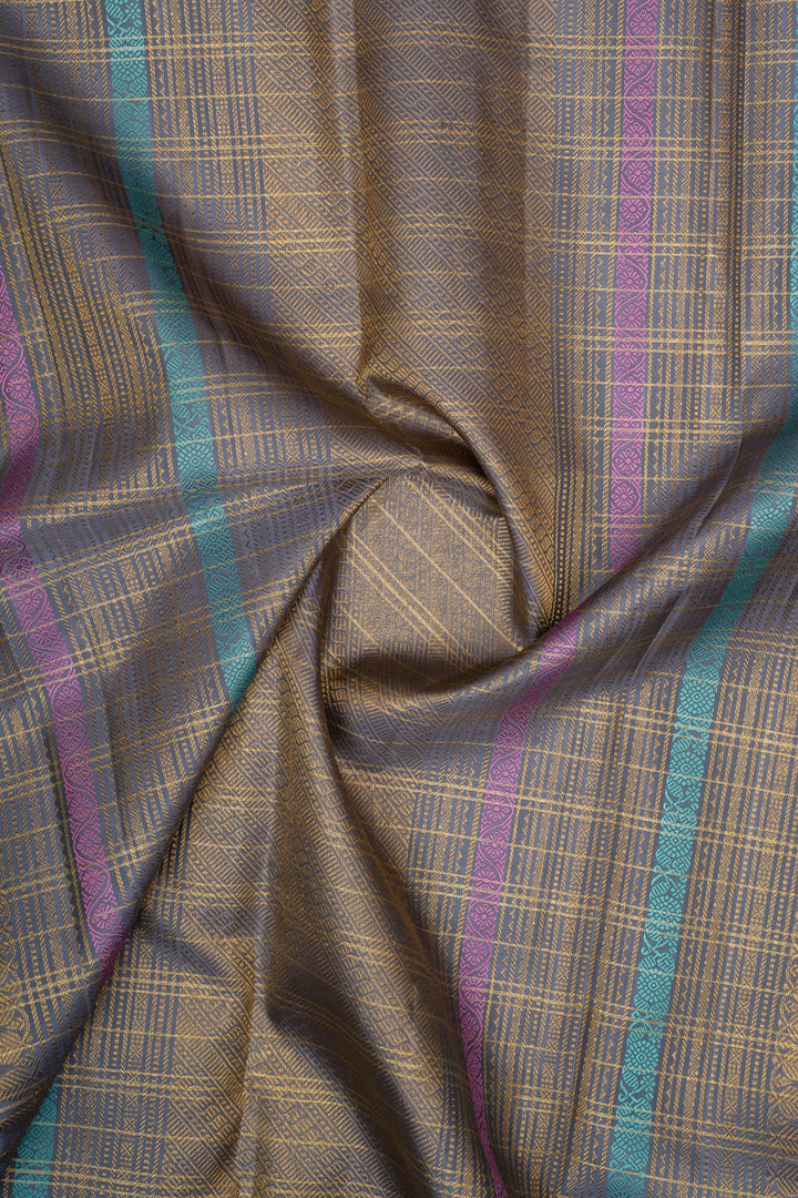 Turquoise Blue Zari Checks Pure Kanchipuram Silk Saree