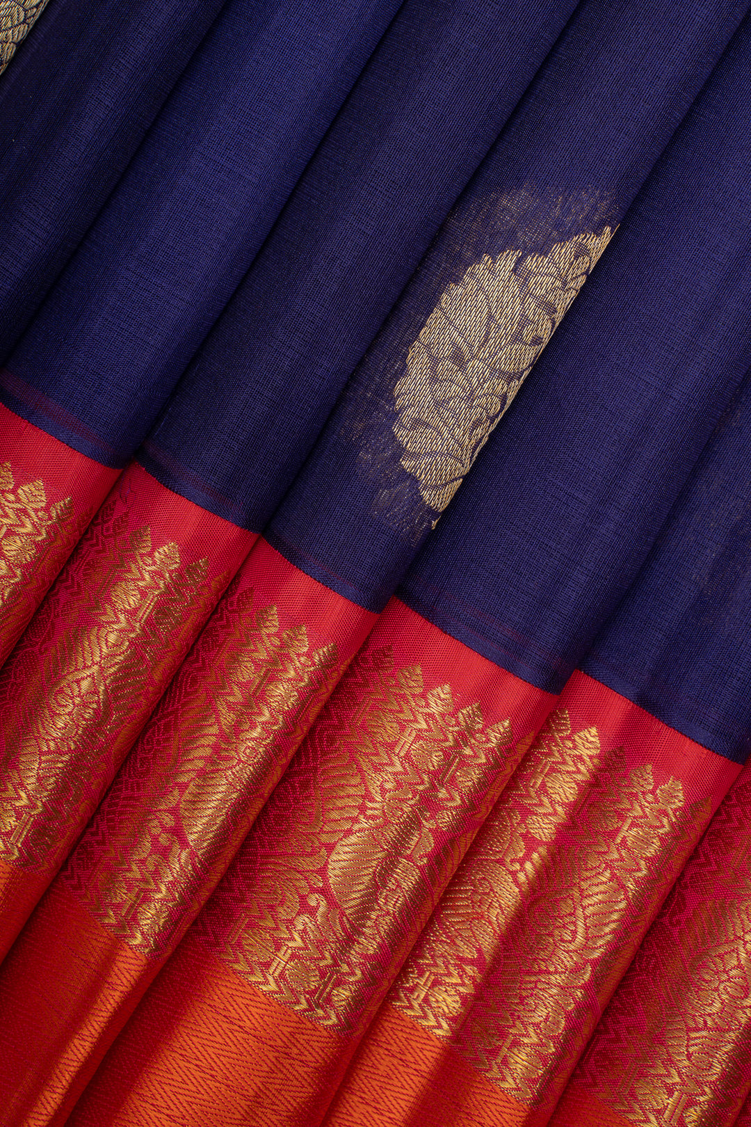 Indigo Blue and Red Kora Kanchipuram Silk Saree