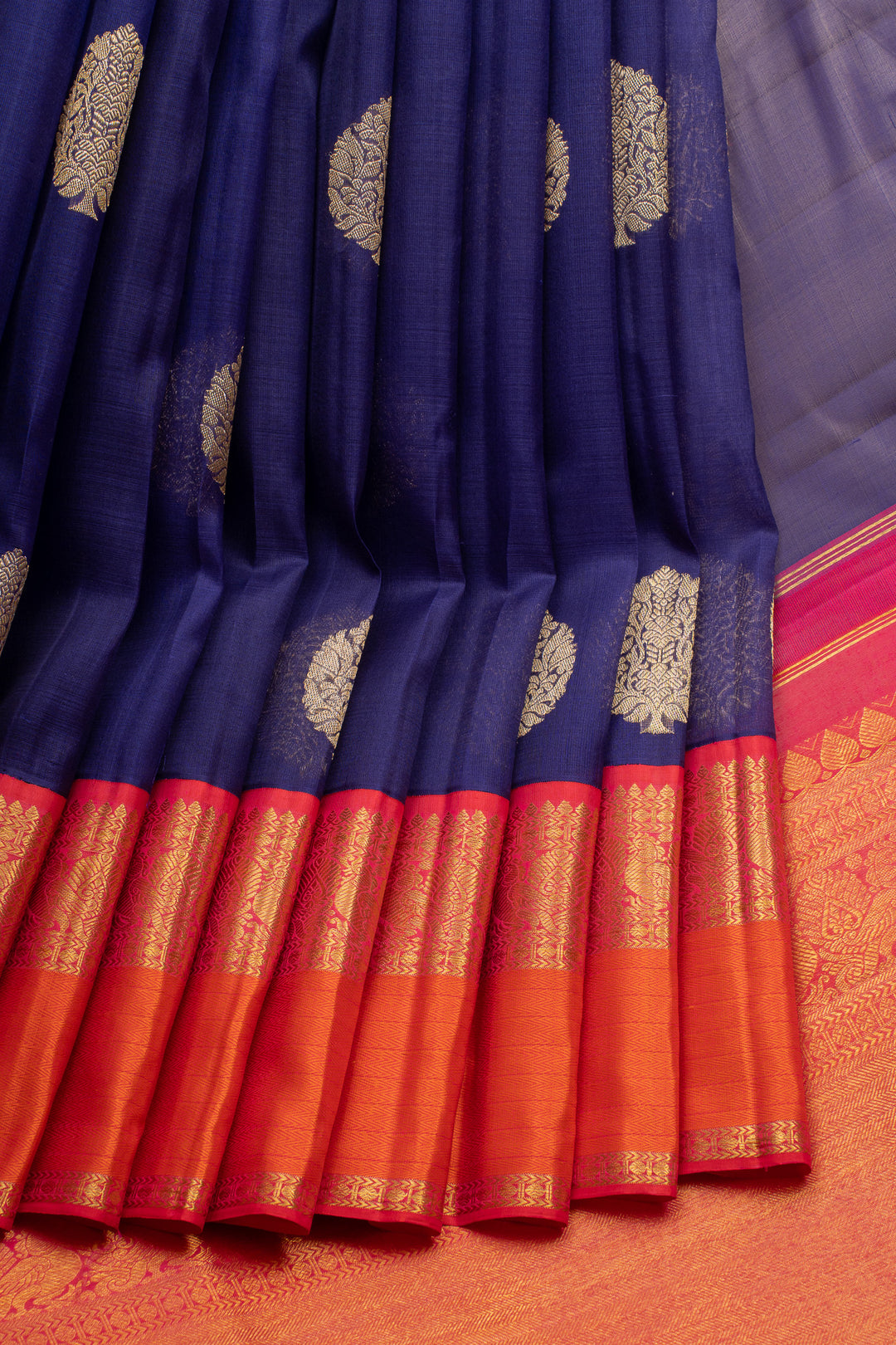 Indigo Blue and Red Kora Kanchipuram Silk Saree