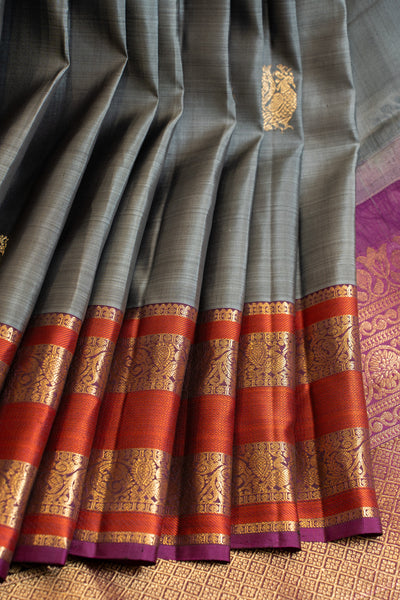 Grey and rust orange pure Kanchipuram silk saree