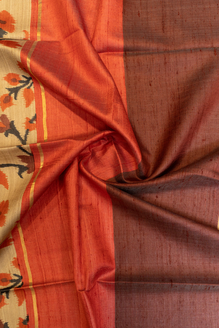 Beige floral printed pure Tussar silk saree