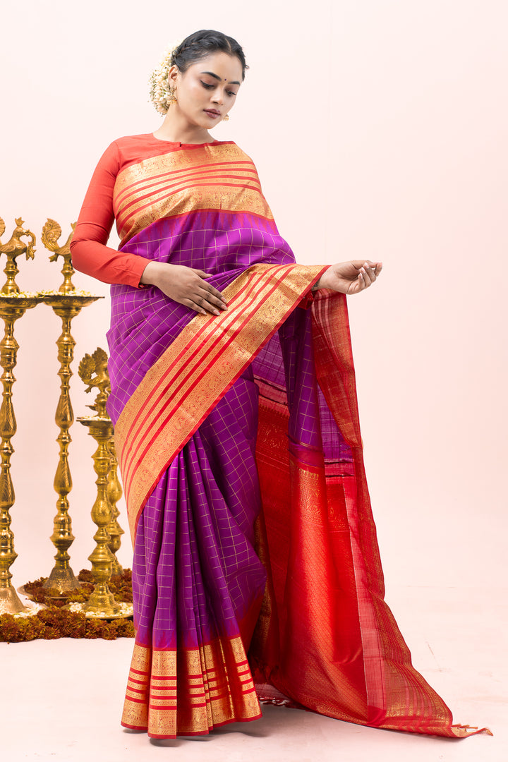 Purple and Red Pure Zari Checks Kanchipuram Silk Saree