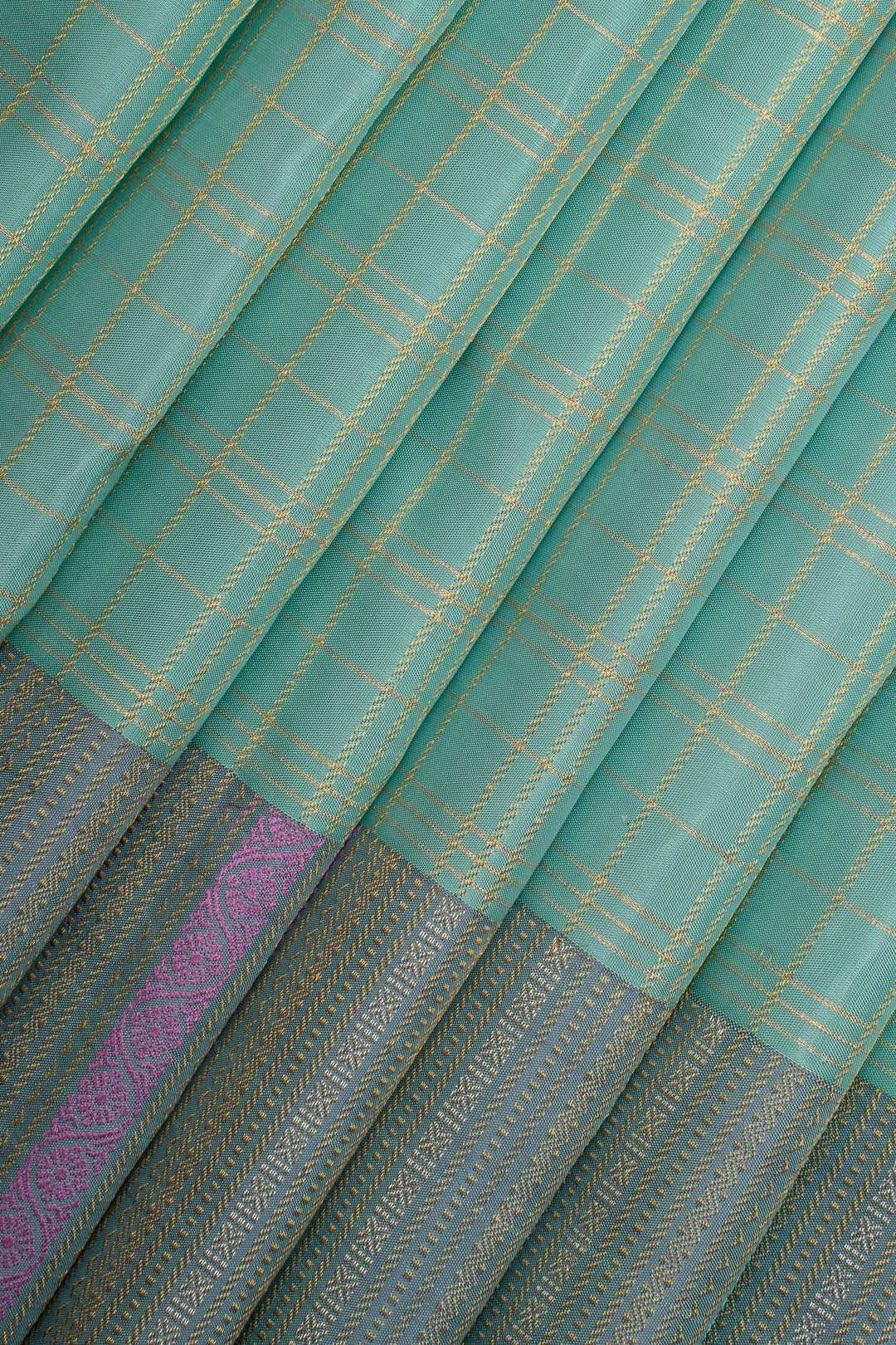 Turquoise Blue Zari Checks Pure Kanchipuram Silk Saree