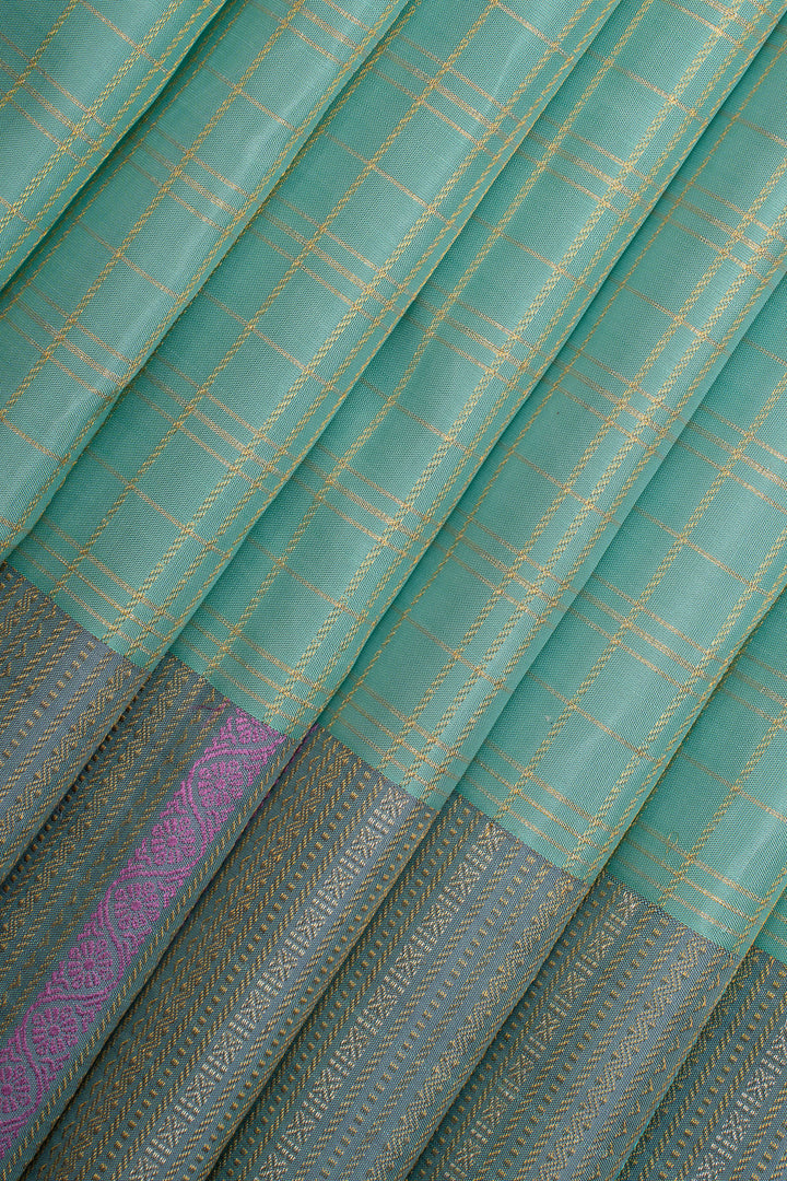 Turquoise Blue Zari Checks Pure Kanchipuram Silk Saree