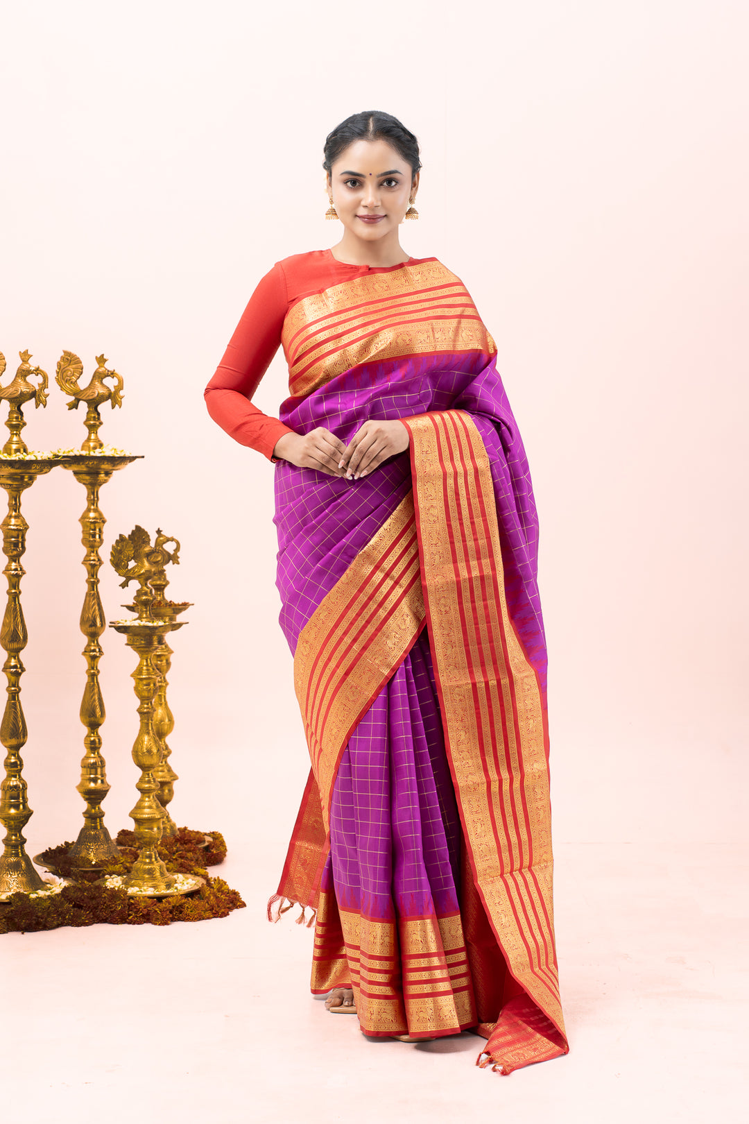 Purple and Red Pure Zari Checks Kanchipuram Silk Saree