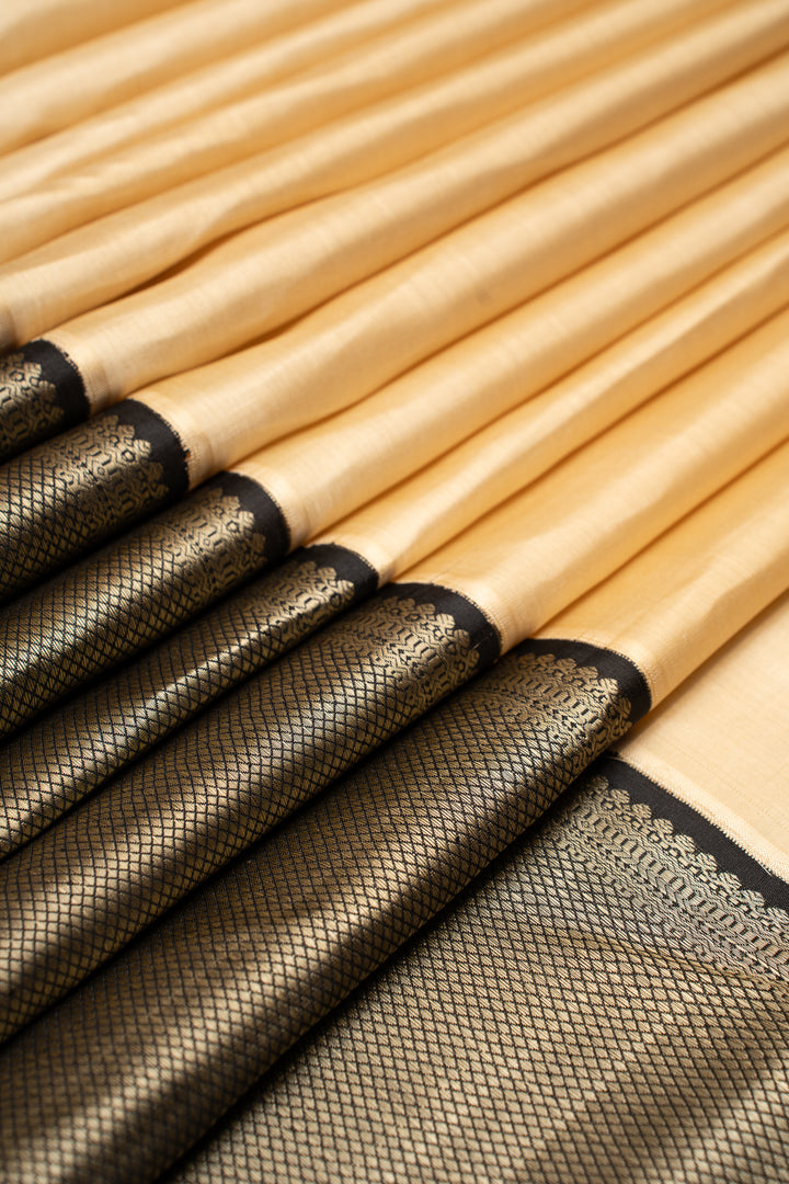 Beige and Black Pattu Pettu Pure Kanchipuram Silk Saree - Clio Silks
