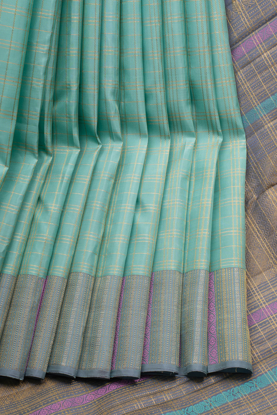 Turquoise Blue Zari Checks Pure Kanchipuram Silk Saree