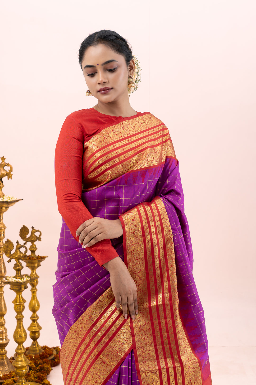 Purple and Red Pure Zari Checks Kanchipuram Silk Saree