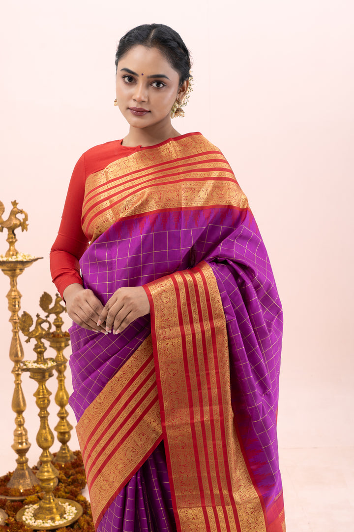 Purple and Red Pure Zari Checks Kanchipuram Silk Saree