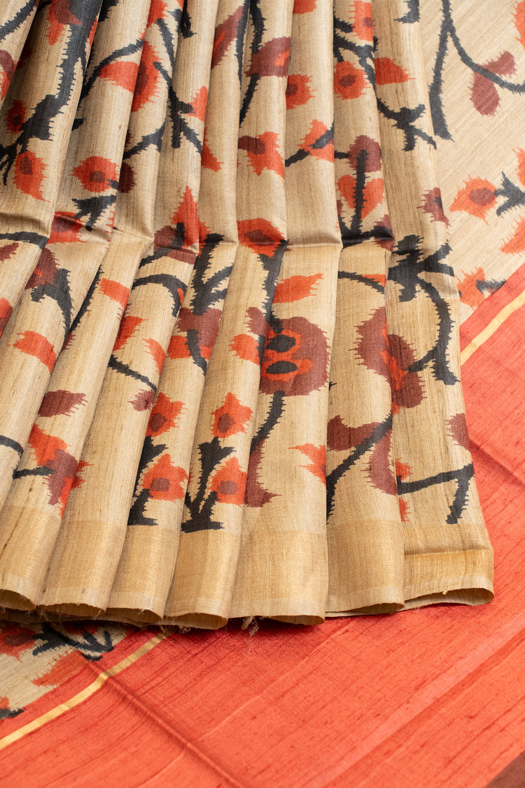 Beige floral printed pure Tussar silk saree