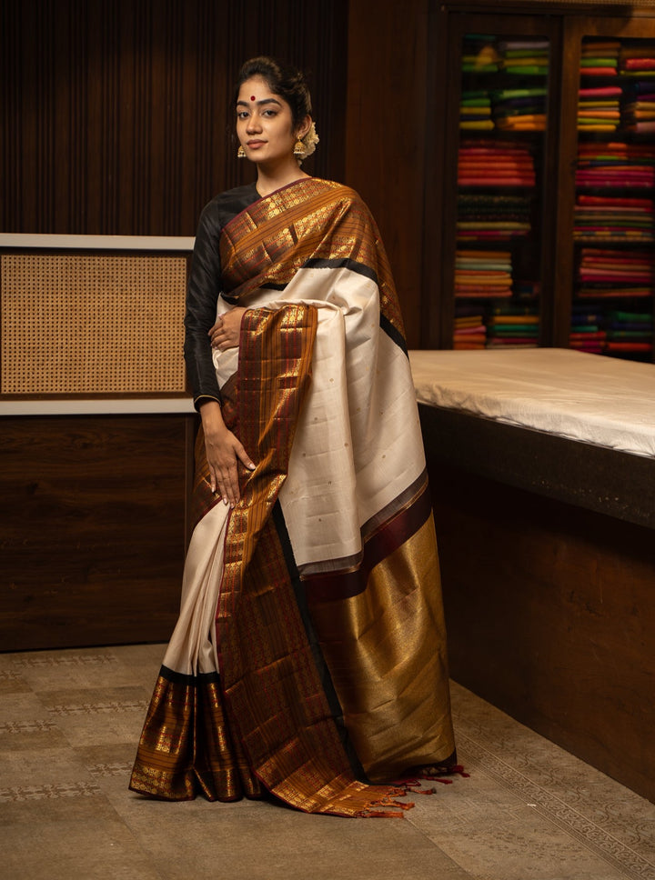 Champagne Cream and Maroon Pure Zari Kanchipuram Silk Saree - Clio Silks