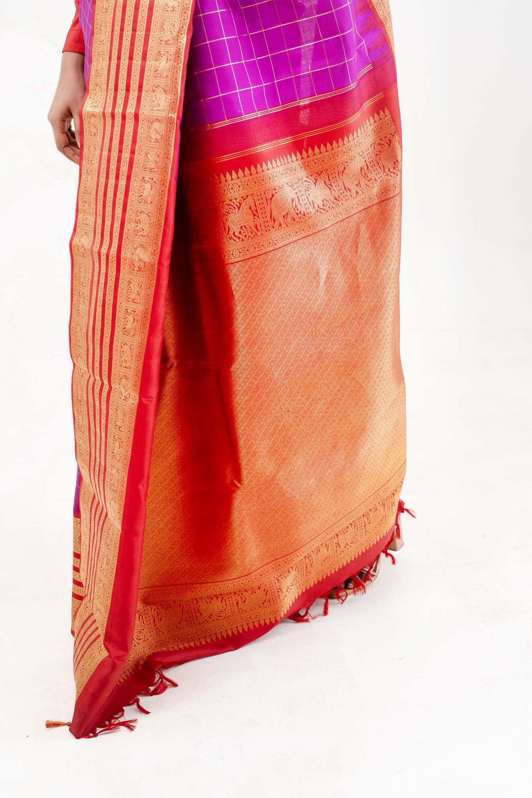 Purple and Red Pure Zari Checks Kanchipuram Silk Saree