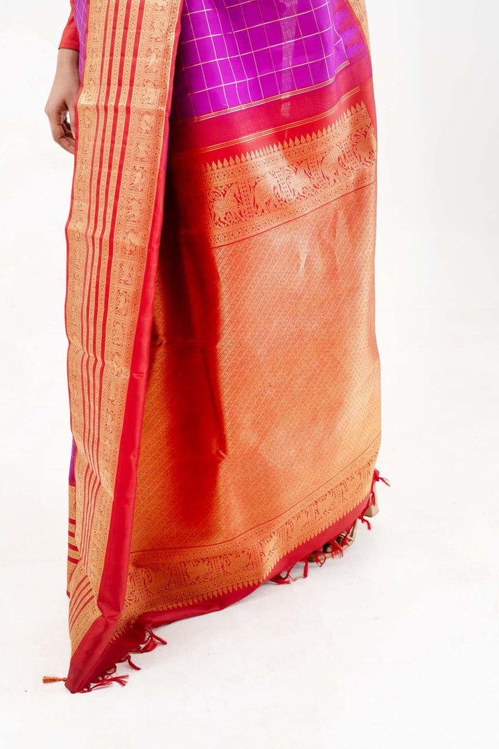Purple and Red Pure Zari Checks Kanchipuram Silk Saree