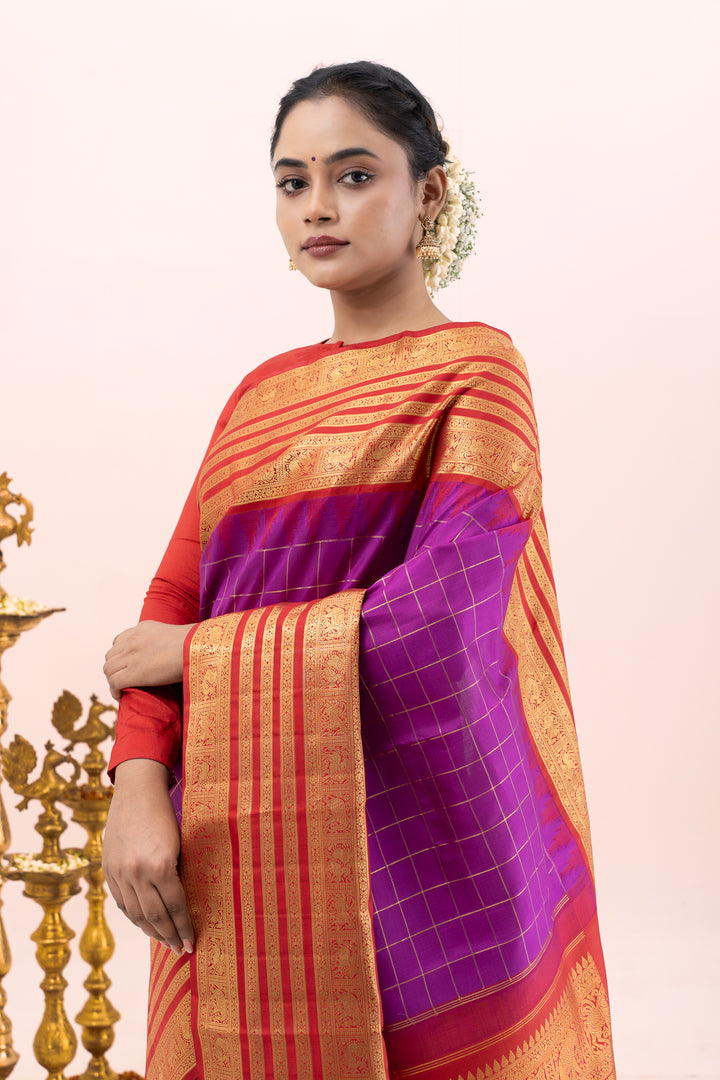 Purple and Red Pure Zari Checks Kanchipuram Silk Saree