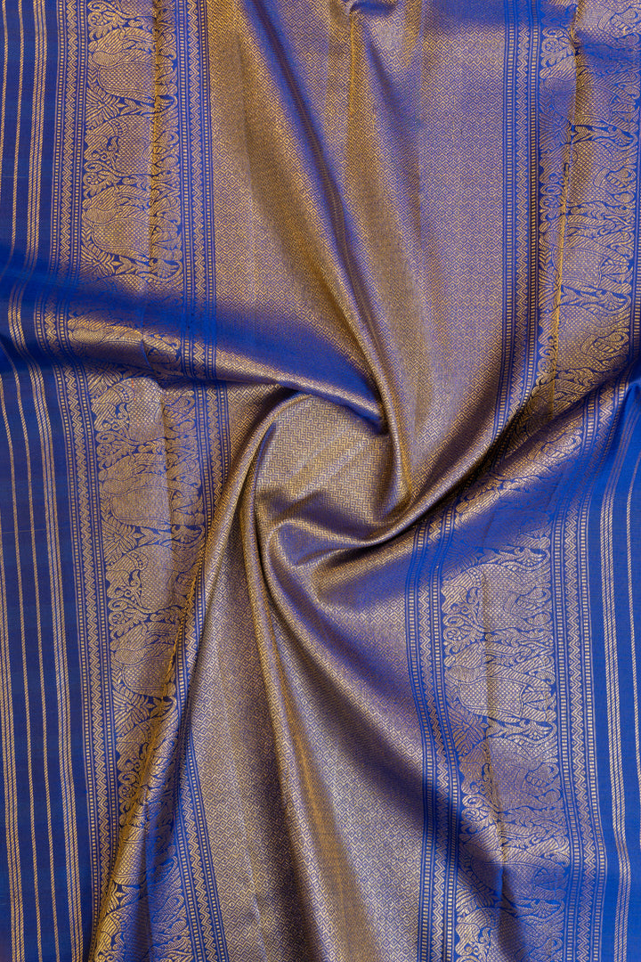 Blue and yellow multi checks pure zari Kanchipuram silk saree