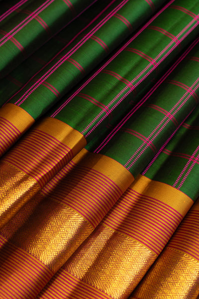 Bottle green thread checks pure Kanchipuram silk saree