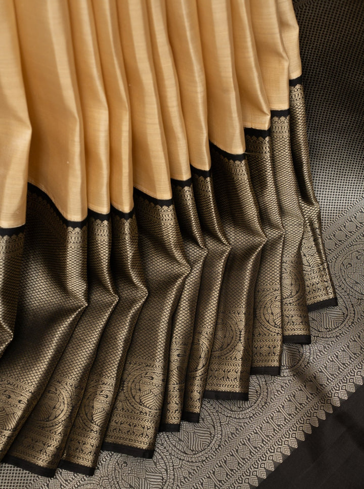 Beige and Black Kanchipuram Silk Saree - Clio Silks