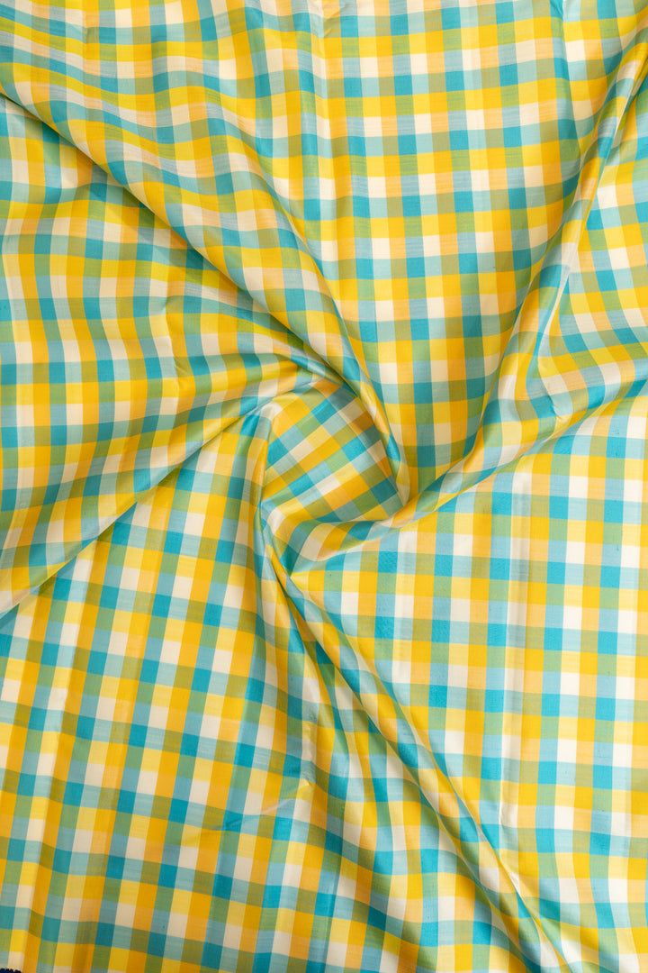 Blue and yellow multi checks pure zari Kanchipuram silk saree