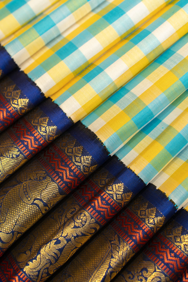 Blue and yellow multi checks pure zari Kanchipuram silk saree