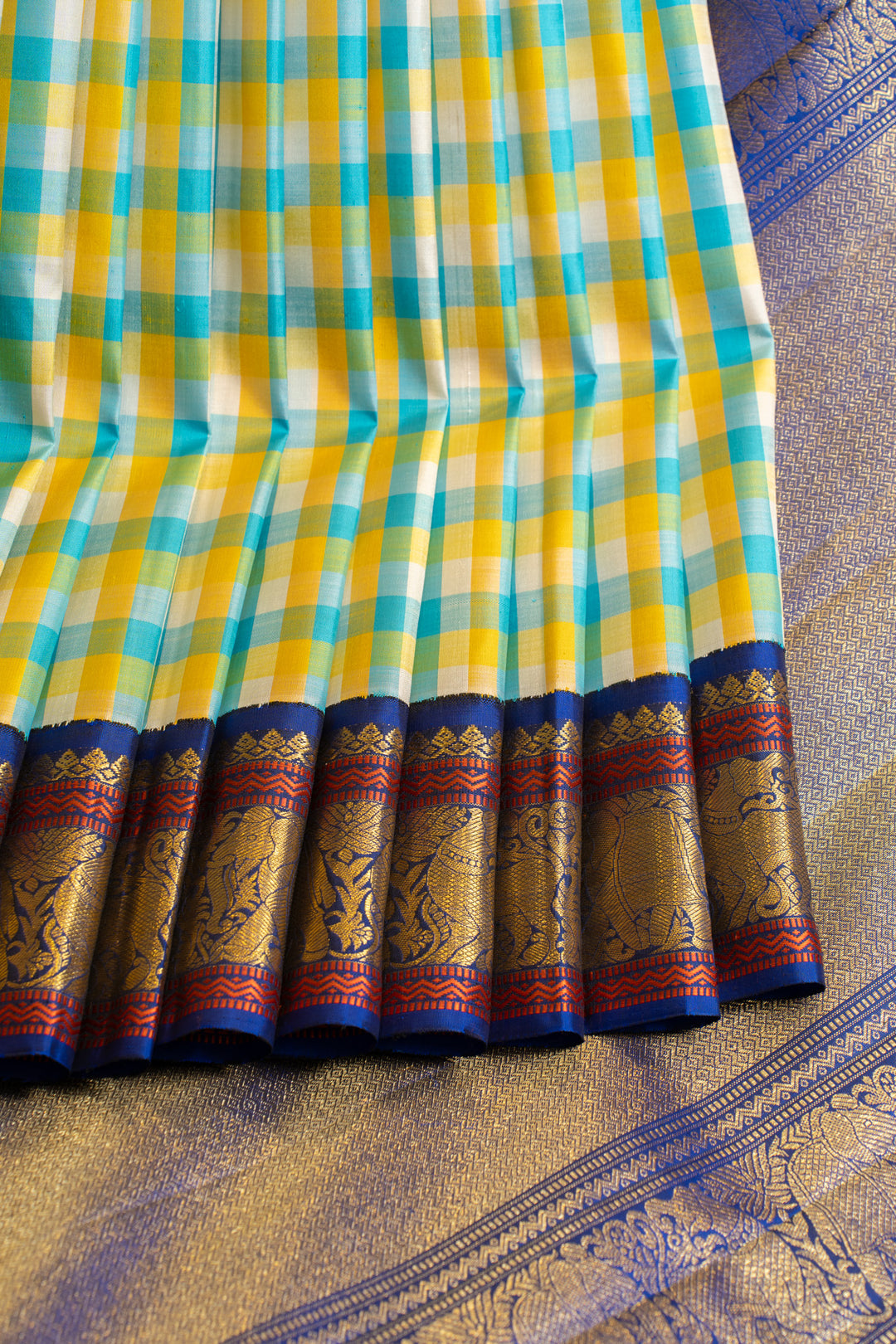 Blue and yellow multi checks pure zari Kanchipuram silk saree