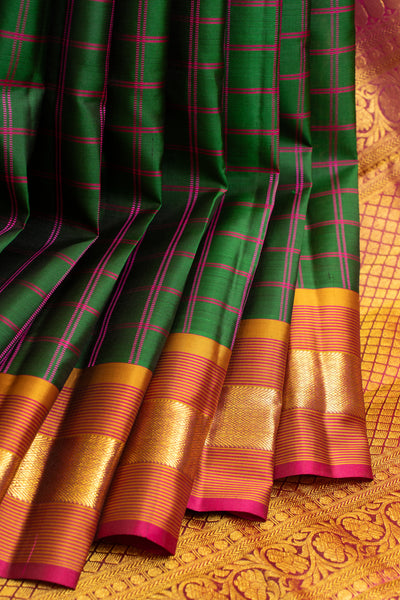 Bottle green thread checks pure Kanchipuram silk saree