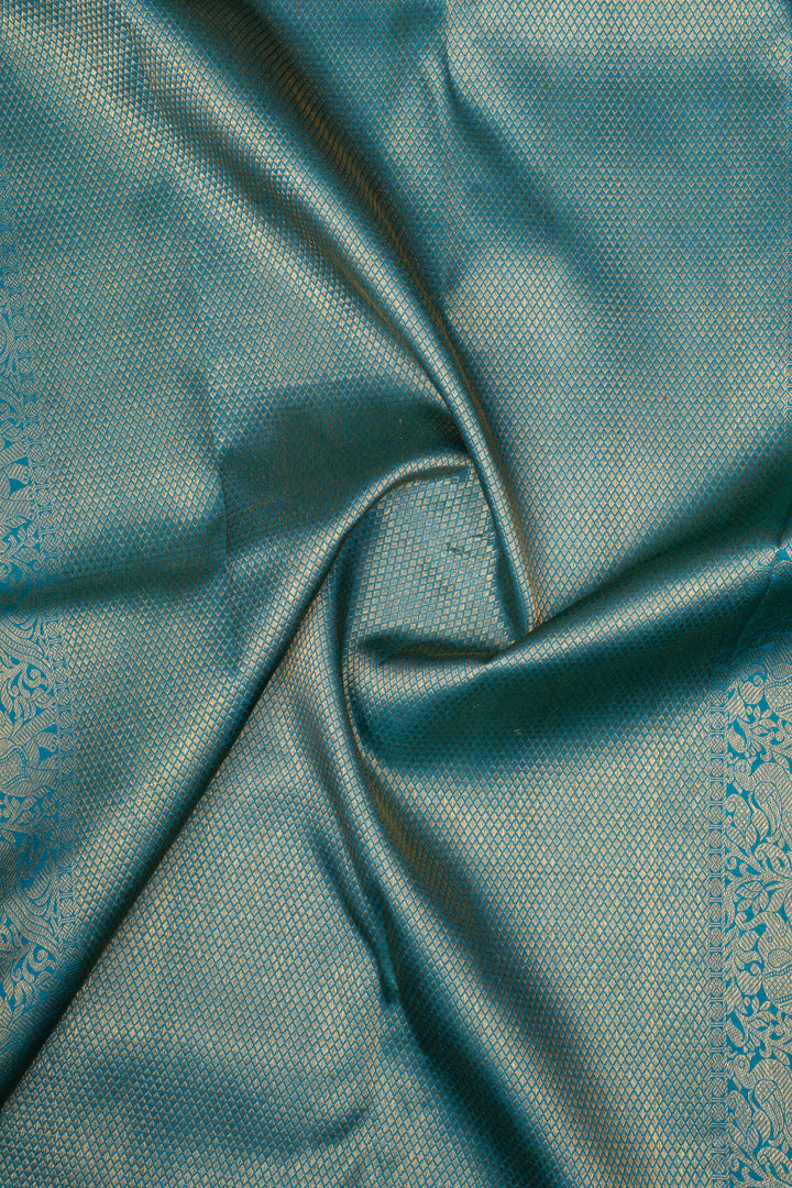 Peacock Blue Jangla Brocade Pure Kanchipuram Silk Saree