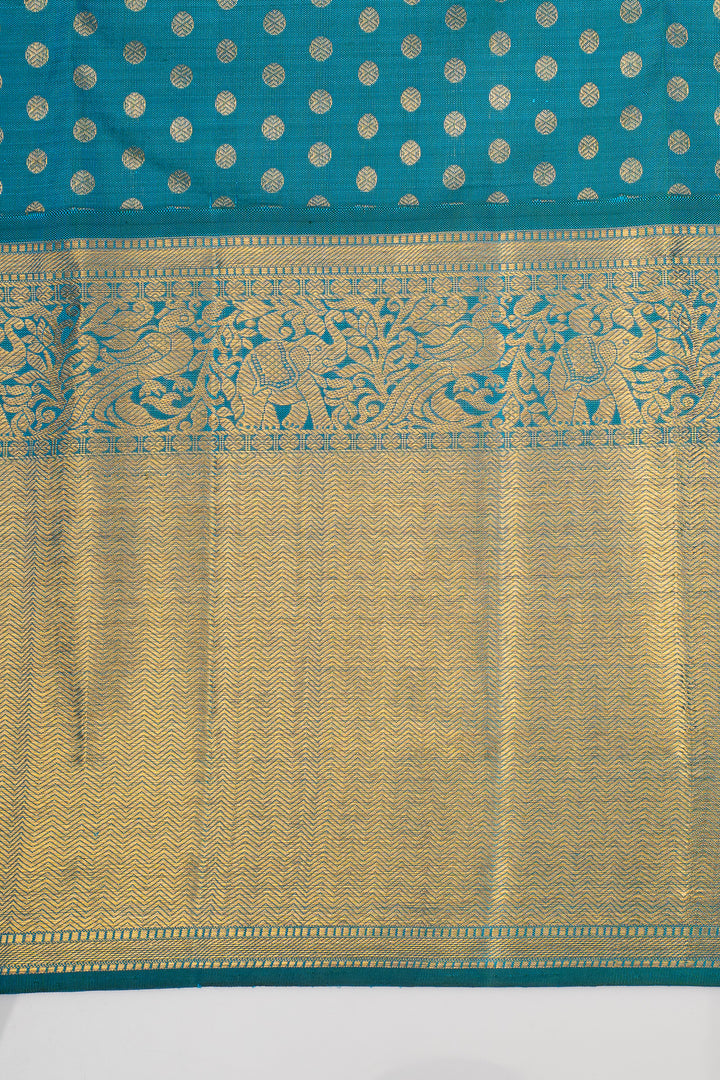 Peacock Blue Jangla Brocade Pure Kanchipuram Silk Saree