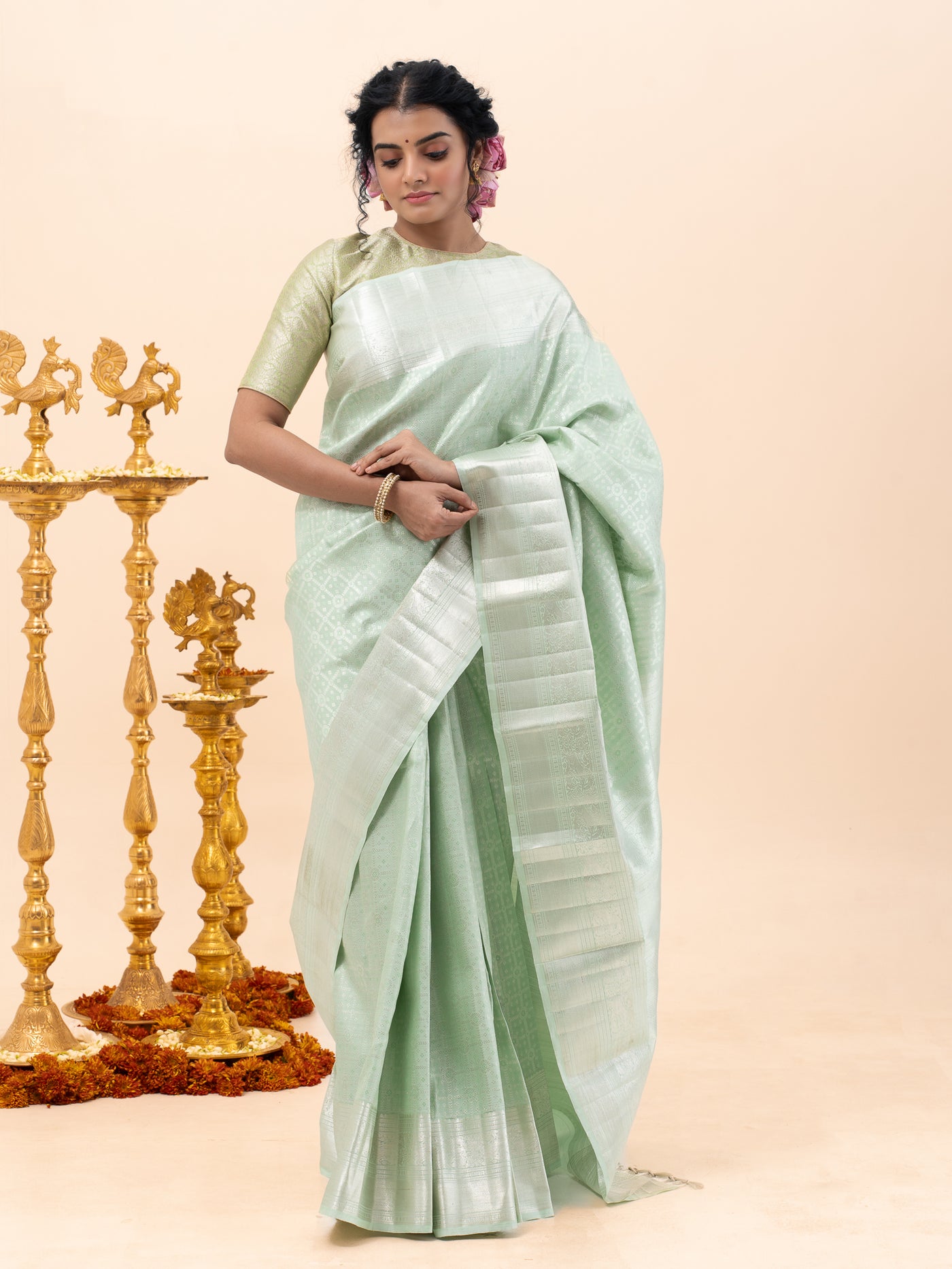 Mint Green Brocade Pure Kanchipuram Silk Saree