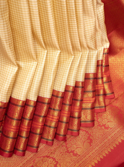 Beige and Tortilla Brown Checks Pure Kanchipuram Silk Saree - Clio Silks