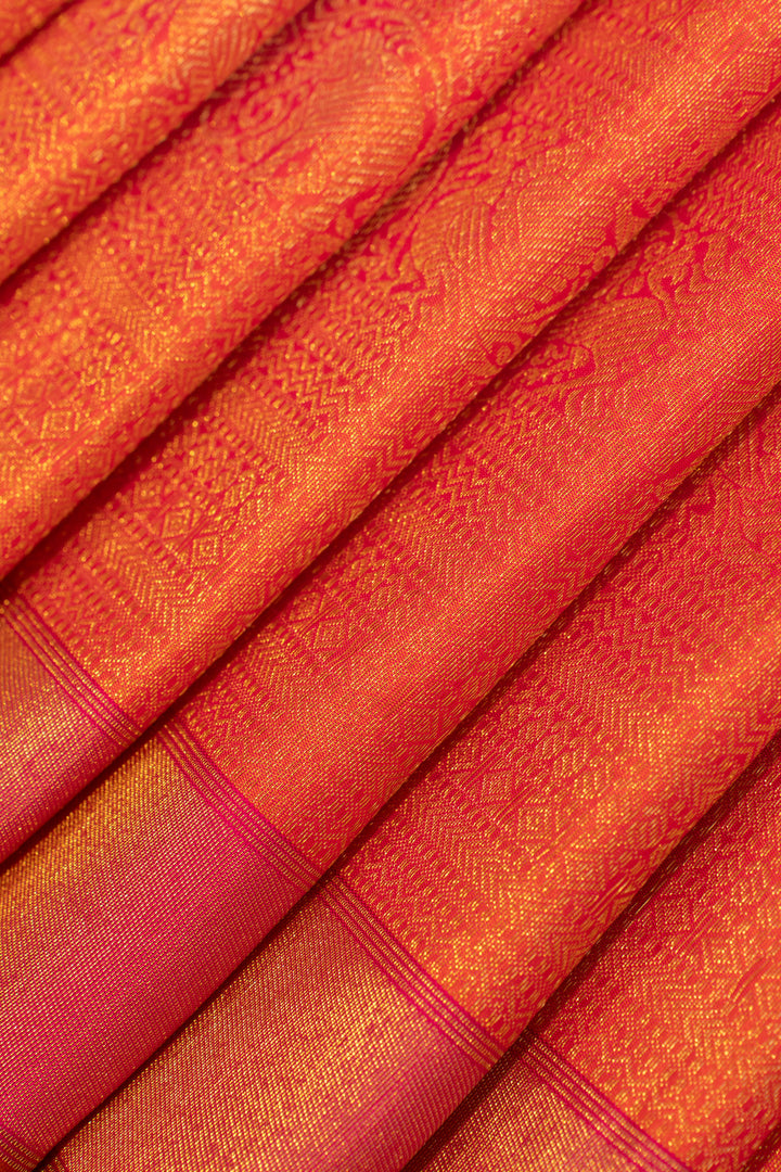 Peach magenta pure zari brocade Kanchipuram silk saree