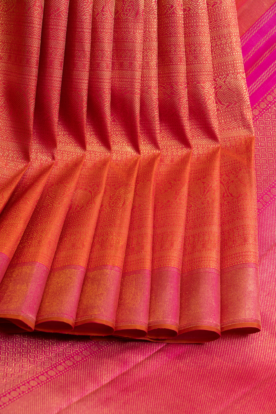 Peach magenta pure zari brocade Kanchipuram silk saree