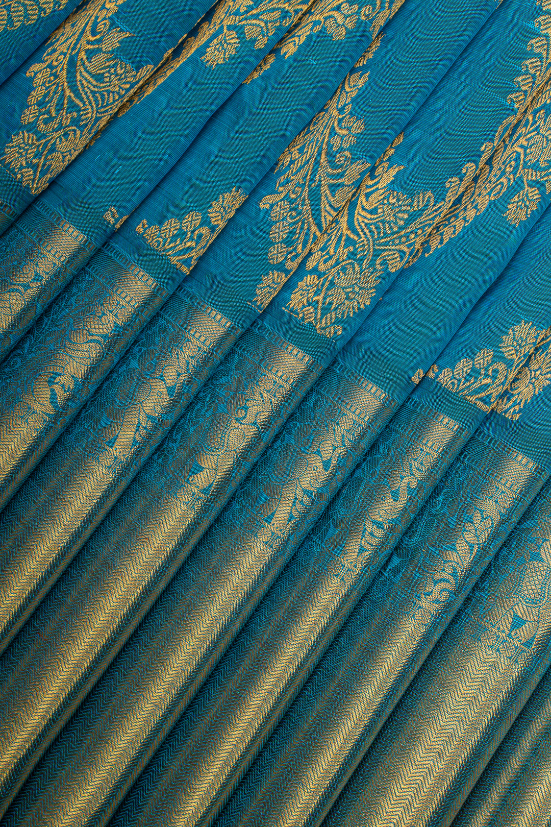 Peacock Blue Jangla Brocade Pure Kanchipuram Silk Saree