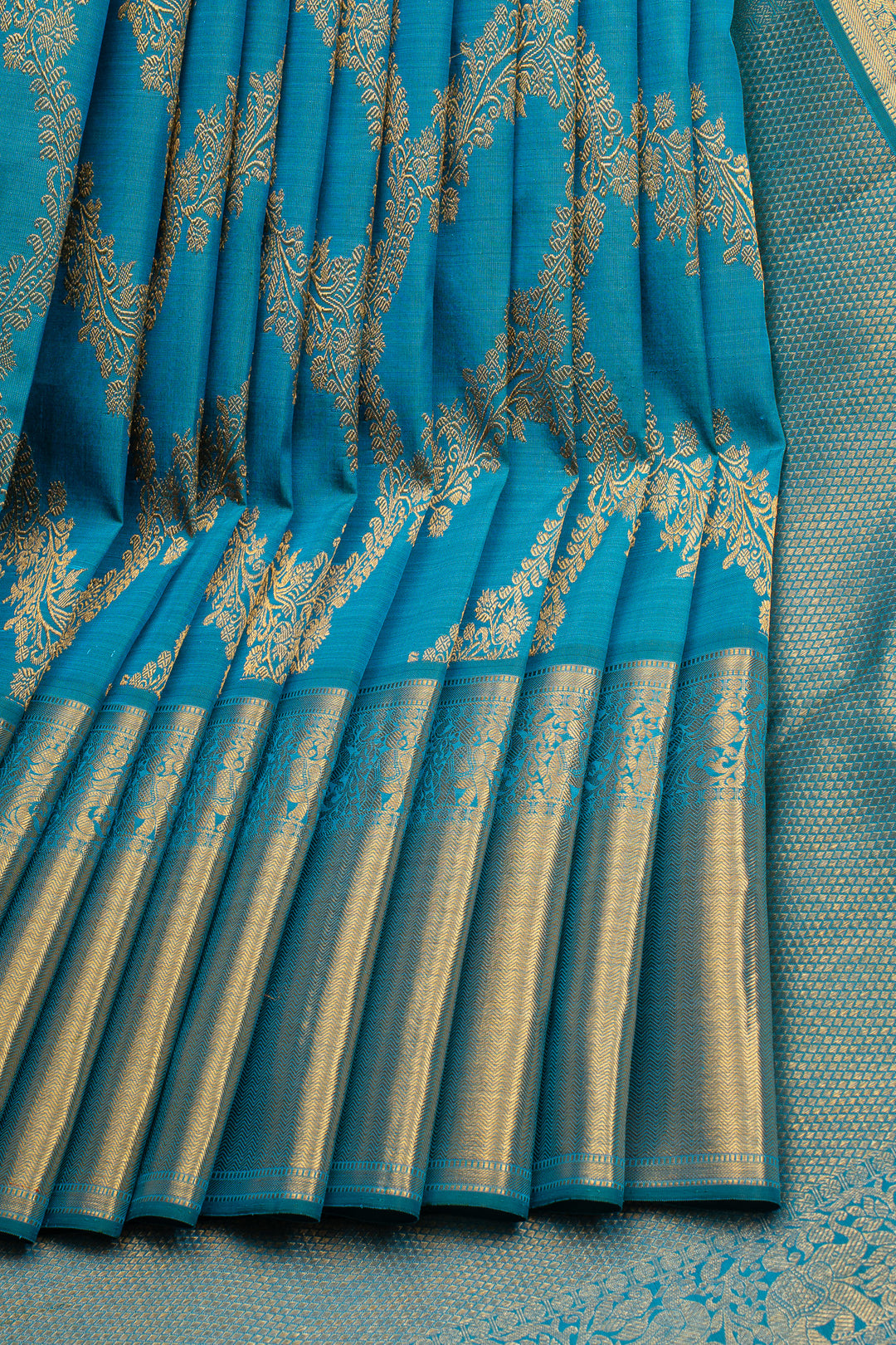 Peacock Blue Jangla Brocade Pure Kanchipuram Silk Saree