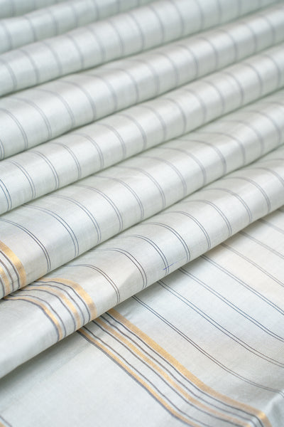 Silver Grey Stripes Pure Kanchipuram Silk Saree - Clio Silks