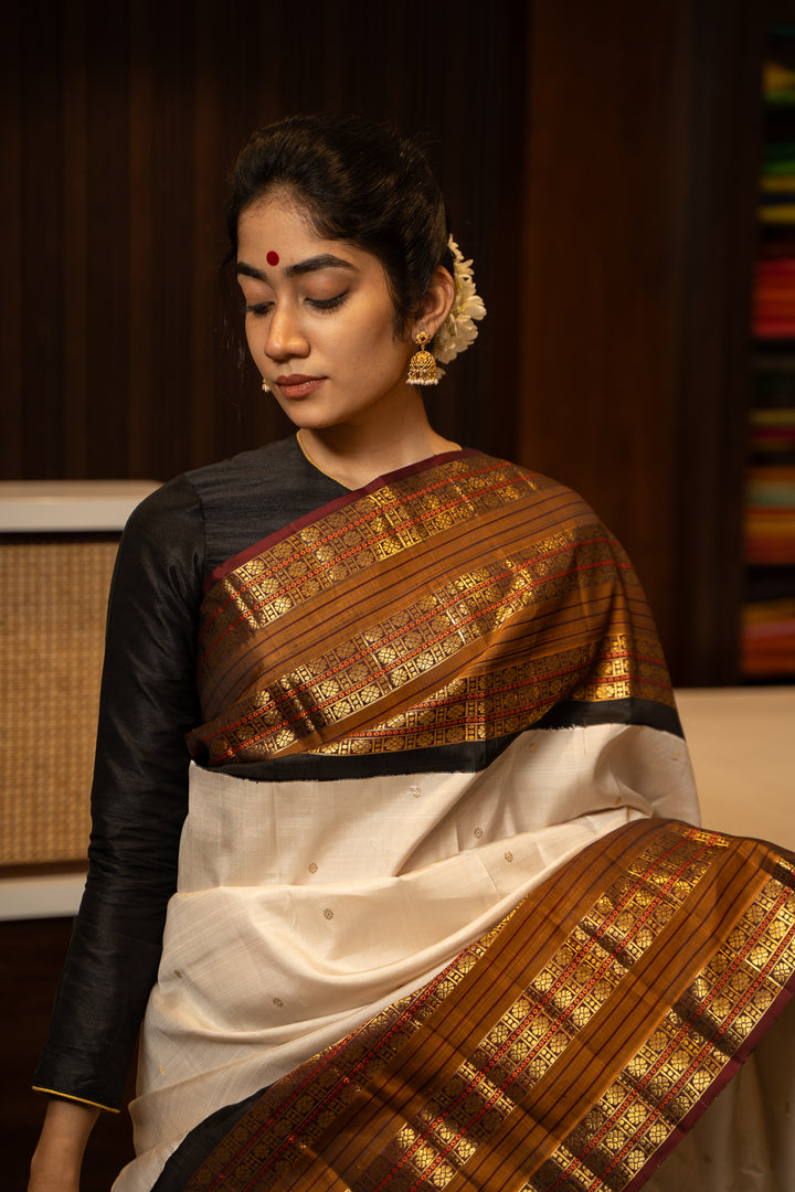 Champagne Cream and Maroon Pure Zari Kanchipuram Silk Saree - Clio Silks