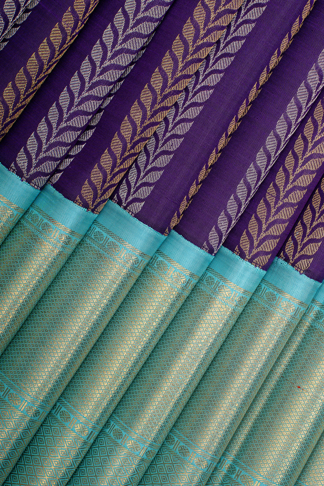 Purple Stripes &amp; Teal Blue Pure Kanchipuram Silk Saree