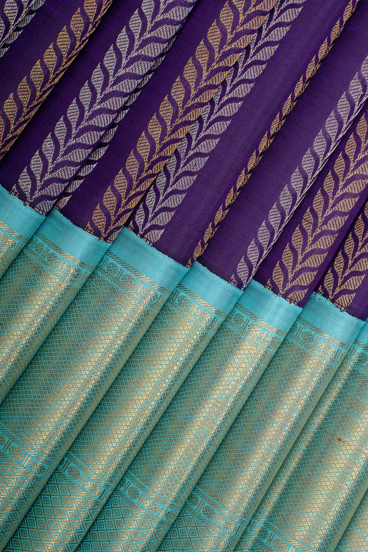 Purple Stripes &amp; Teal Blue Pure Kanchipuram Silk Saree