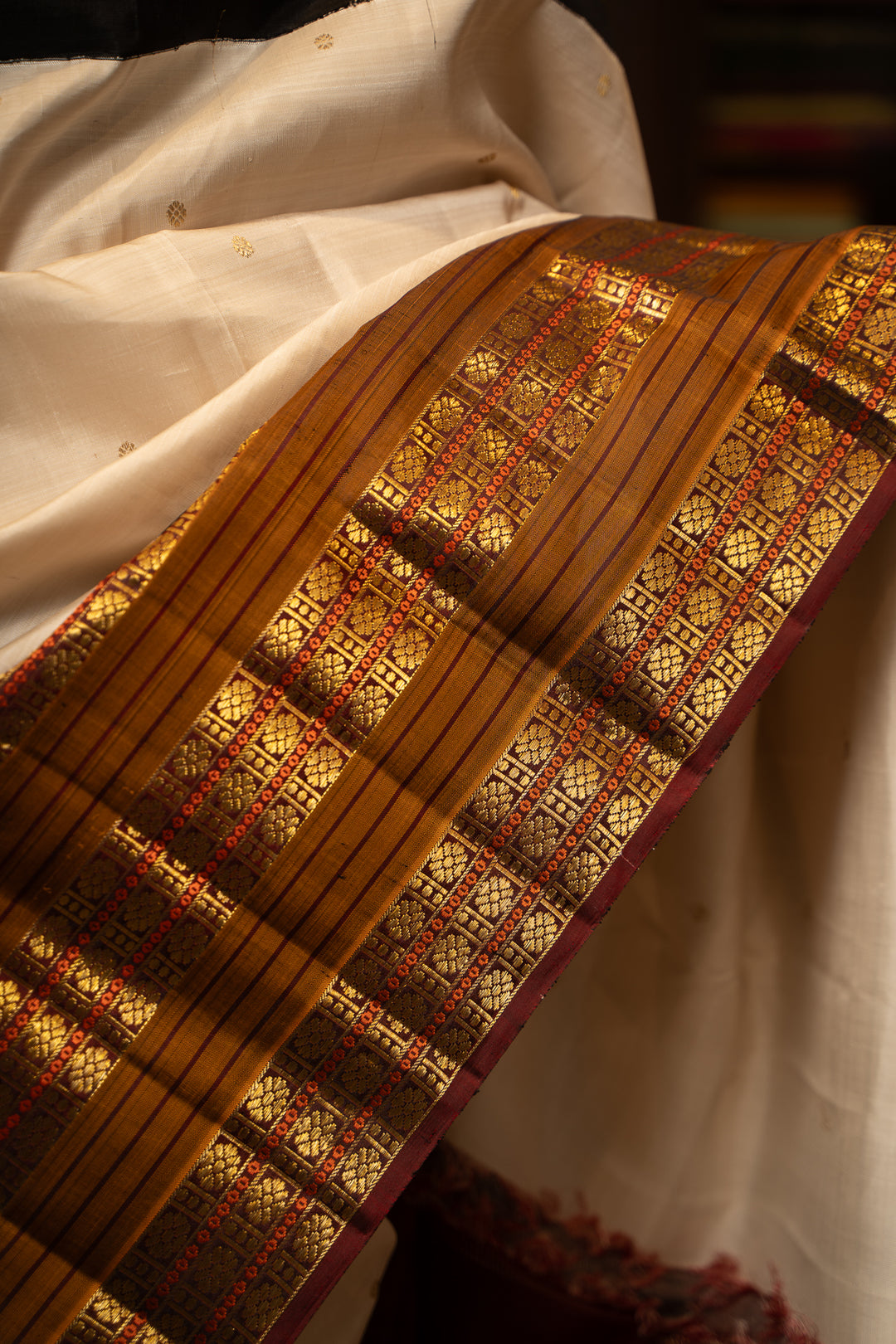 Champagne Cream and Maroon Pure Zari Kanchipuram Silk Saree - Clio Silks