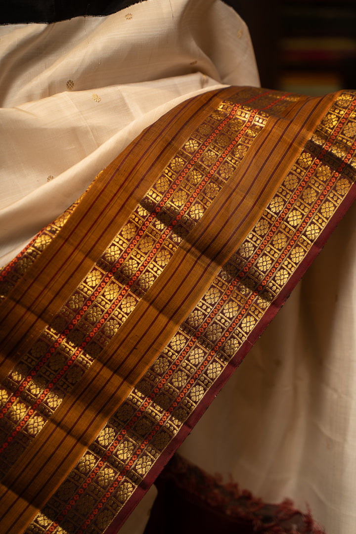 Champagne Cream and Maroon Pure Zari Kanchipuram Silk Saree - Clio Silks